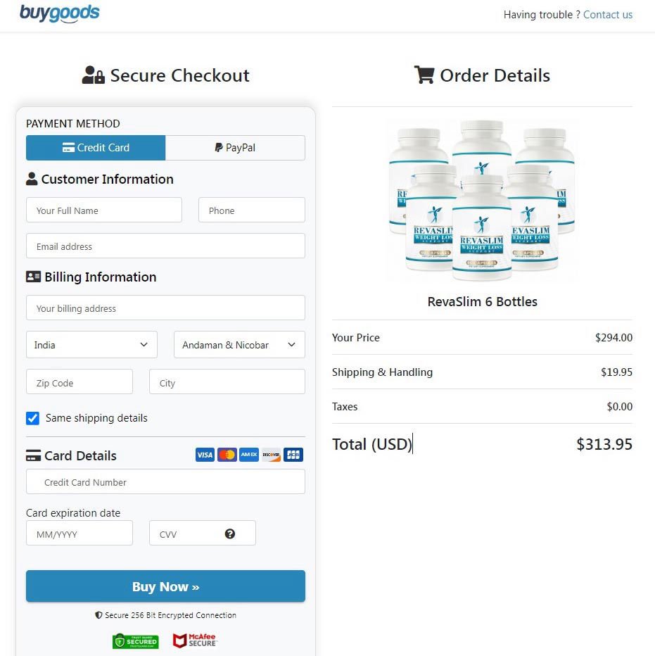 revaslim checkout page